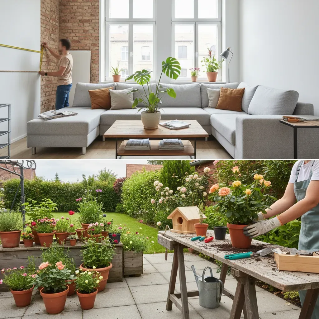 Estetyczne realistyczne zdjęcie wnętrza domu i zielonego ogrodu, bez ludzi i bez tekstu.