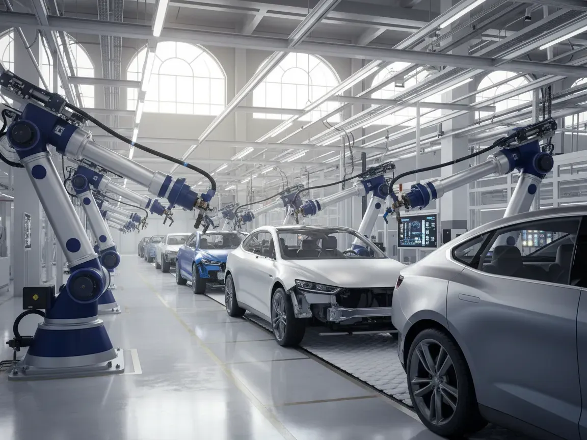 Nowoczesna fabryka samochodów elektrycznych z ramionami robotów montującymi auta na taśmie produkcyjnej.
