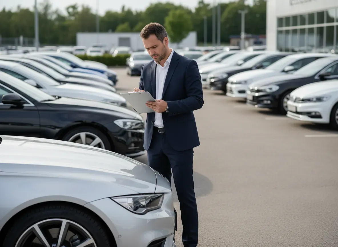 Osoba z klipsem w ręku ogląda nowoczesne srebrne auto na placu dealera, rozmyte tło z innymi autami, miękkie światło dnia.