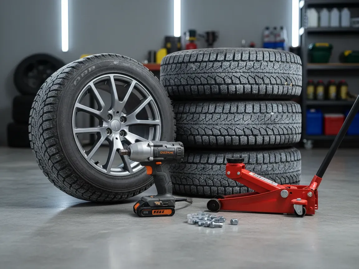 Klucz udarowy, podnośnik hydrauliczny i koła zimowe z głębokim bieżnikiem na posadzce czystego garażu.