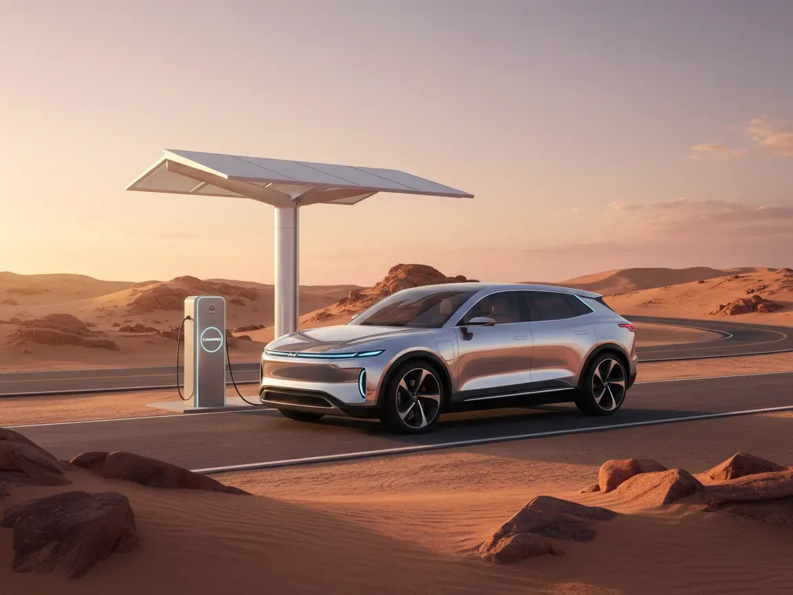 Futurystyczny elektryczny SUV przy stacji ładowania na pustyni o złotej godzinie. Nowoczesny design i światła LED.