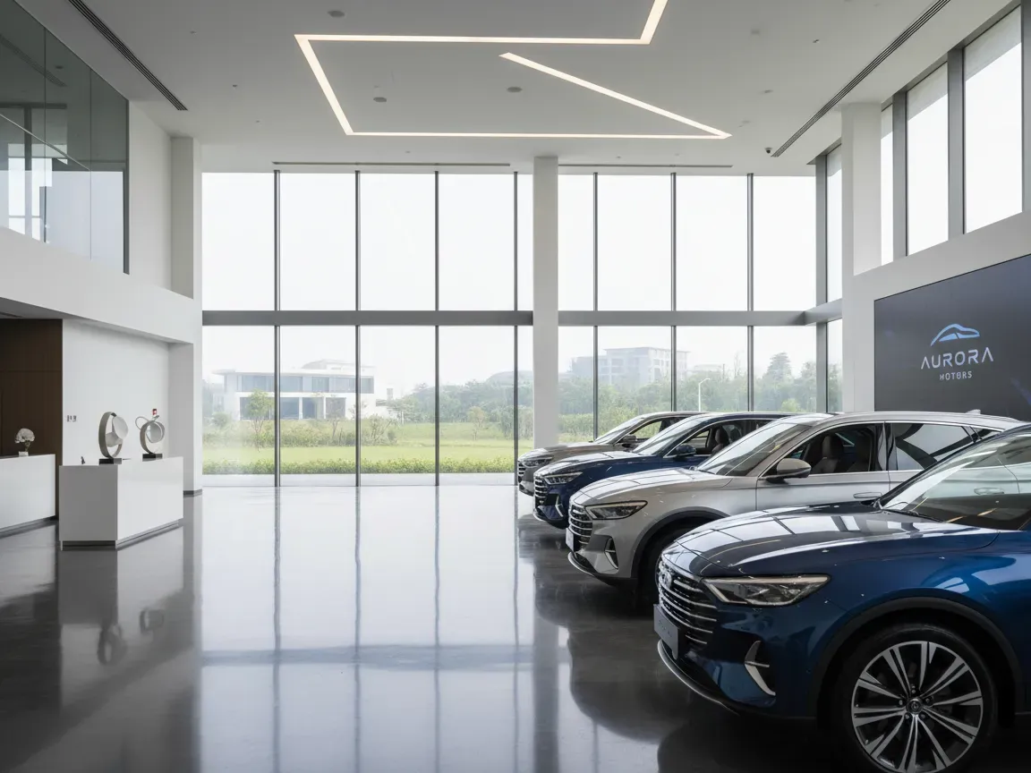 Nowoczesne SUV-y zaparkowane w jasnym, minimalistycznym salonie samochodowym z lśniącą podłogą.