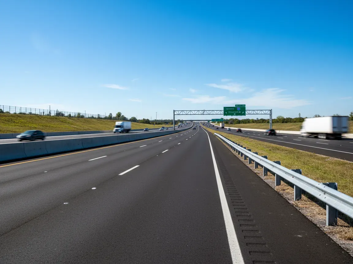 Pusty pas włączania do wielopasmowej autostrady w słoneczny dzień. Świeży asfalt, bariery i ruch w oddali.