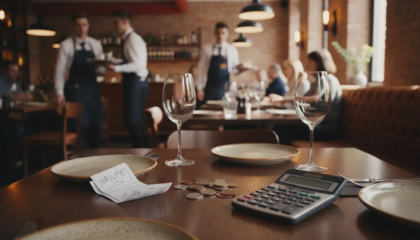Przytulny stolik w restauracji z rachunkiem, monetami i kalkulatorem; w tle roznoszone jedzenie, miękkie światło.