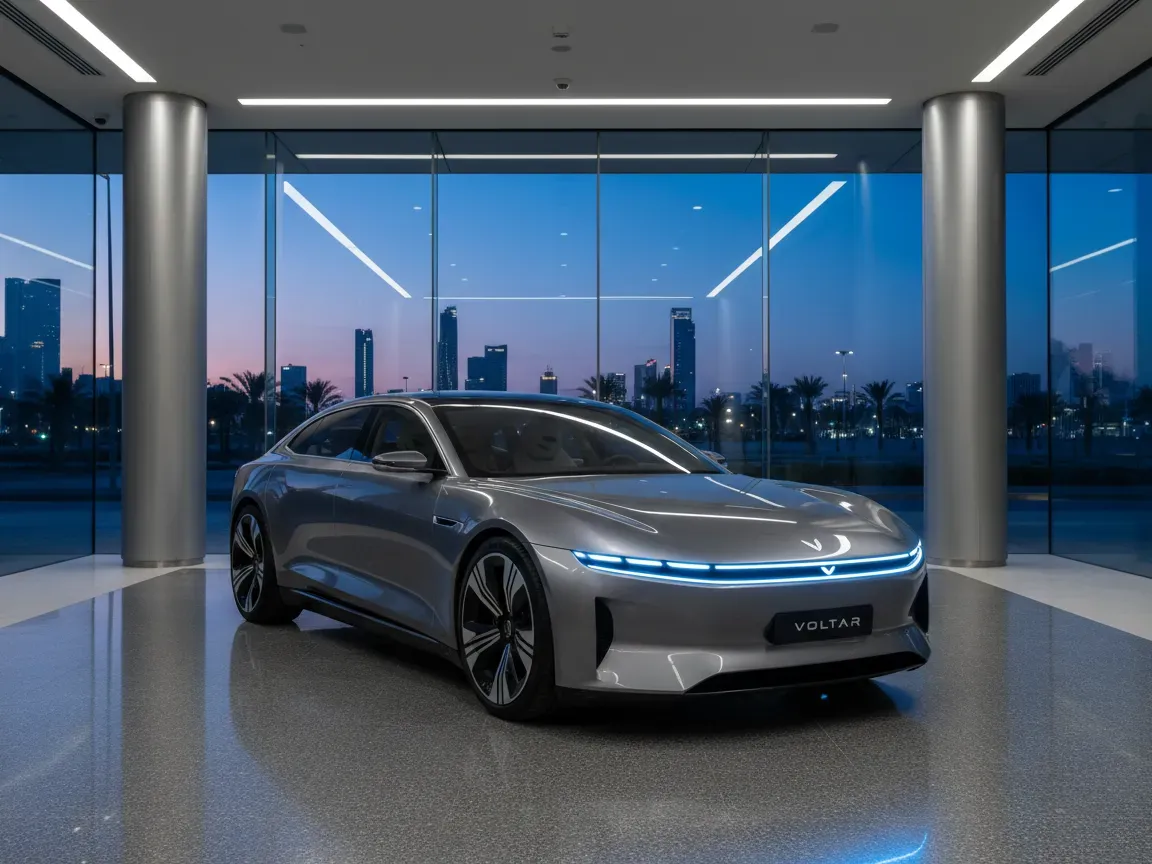 Luksusowy elektryczny sedan o futurystycznej linii w nowoczesnym salonie w Rijadzie o zmierzchu.