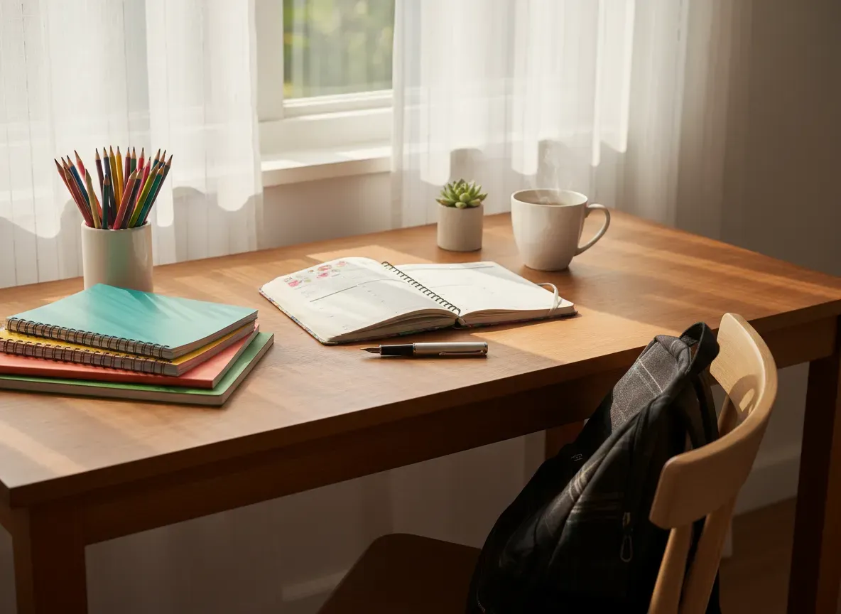 Jasne, przytulne biurko z nowymi szkolnymi przyborami, kolorowymi notesami, plecakiem i otwartym planerem, w ciepłym popołudniowym świetle wpadającym przez okno