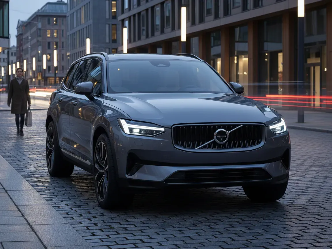 Nowoczesny elektryczny SUV Volvo na skandynawskiej ulicy o zmierzchu, ujęcie z przodu pod kątem, reflektory Matrix LED.